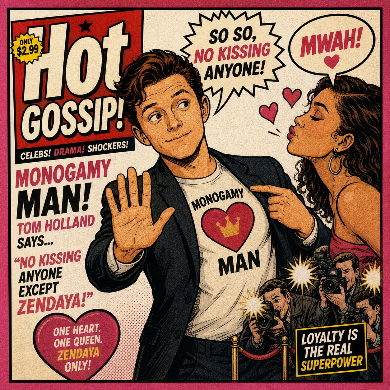 Hot Gossip tabloid cover cartoon: Tom Falkland holding up a hand to refuse a kiss on the red carpet