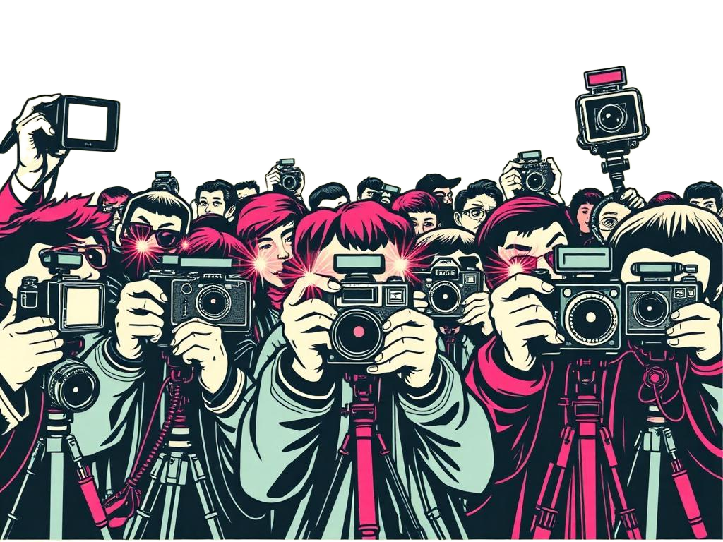Cartoon crowd of paparazzi photographers with flashing cameras